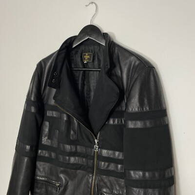 Vintage Fendi Pelle Logo Biker Moto Leather Jacket Size 42 Black