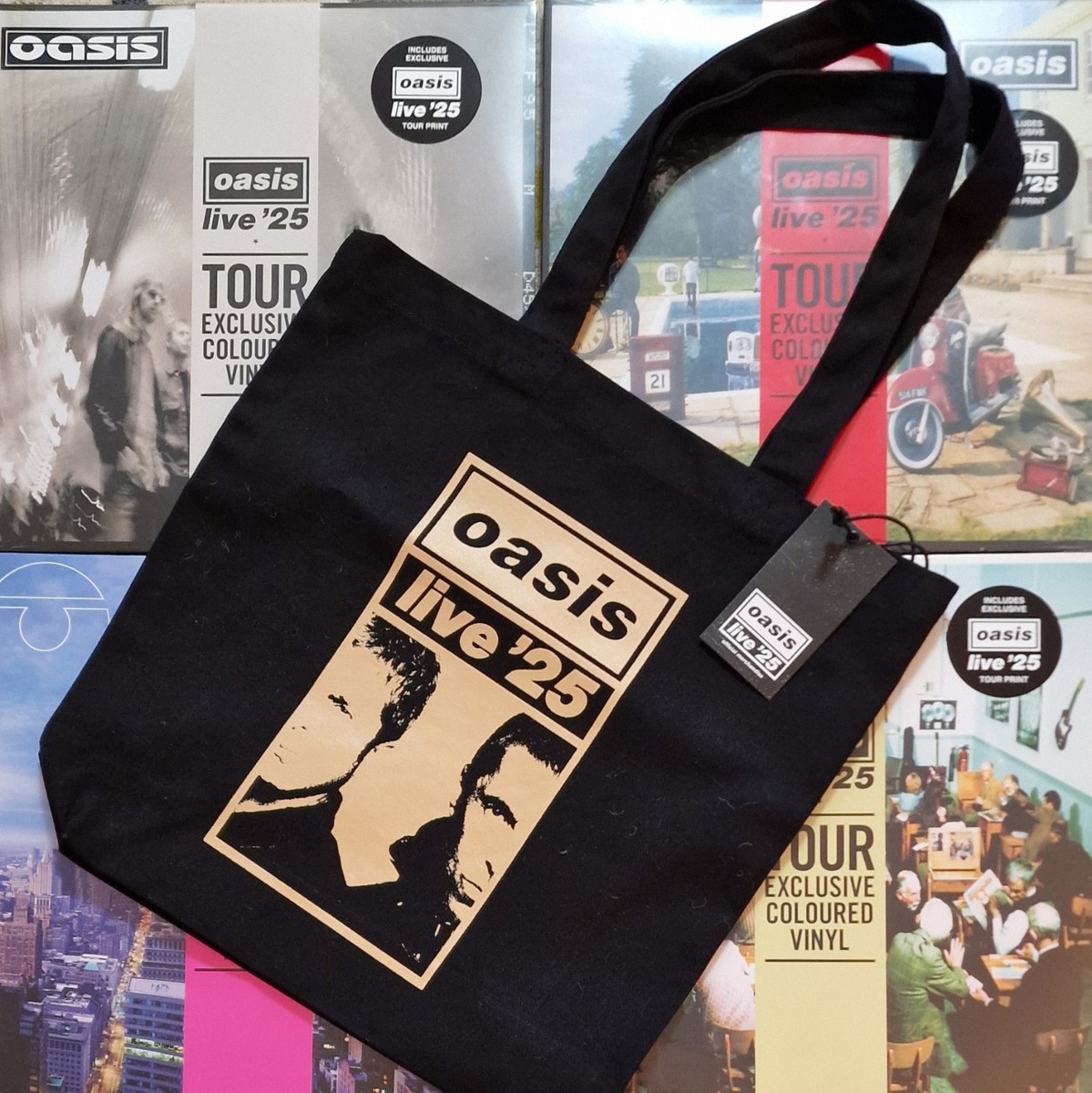OFFICIAL OASIS LIVE '25 HALF GOLD FACES TOTE BAG TOUR MERCH STORE