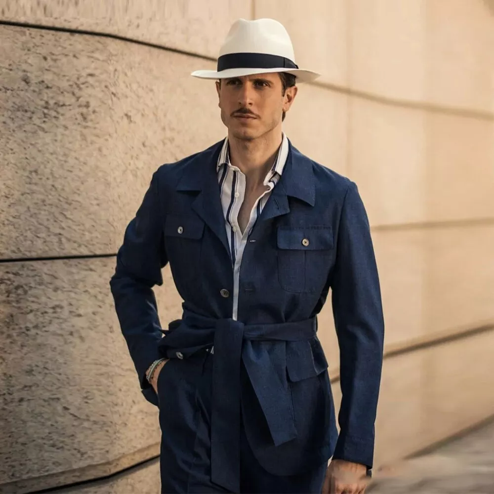 Blue Men's Safari Jacket Vintage Linen Slim Fit Coat Multi Pockets