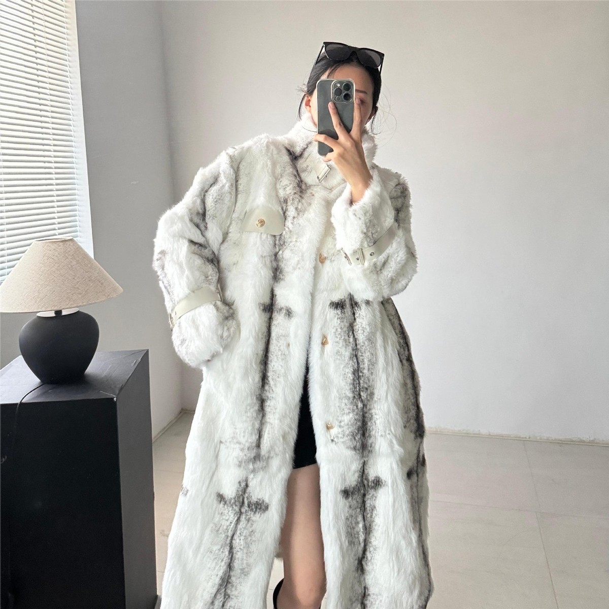 Western Real Rabbit Fur Womens Stand Collar Mid Long Trench Coat