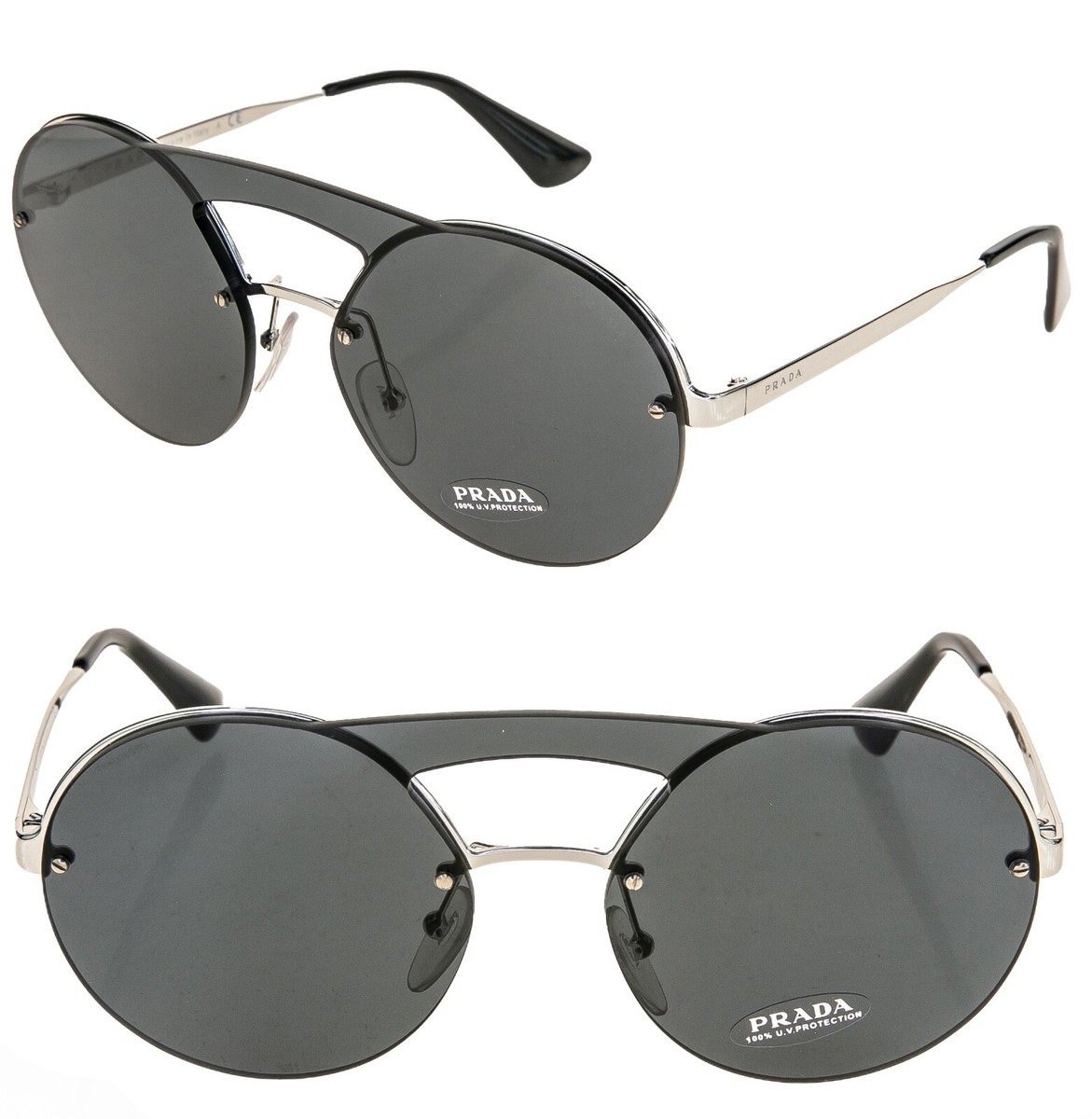 PRADA 65T CINEMA Sunglasses Silver Black Rimless Metal PR65TS