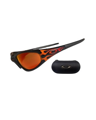 Oakley New Straight Jacket Jet Black Orange Flames w/ Red Iridium