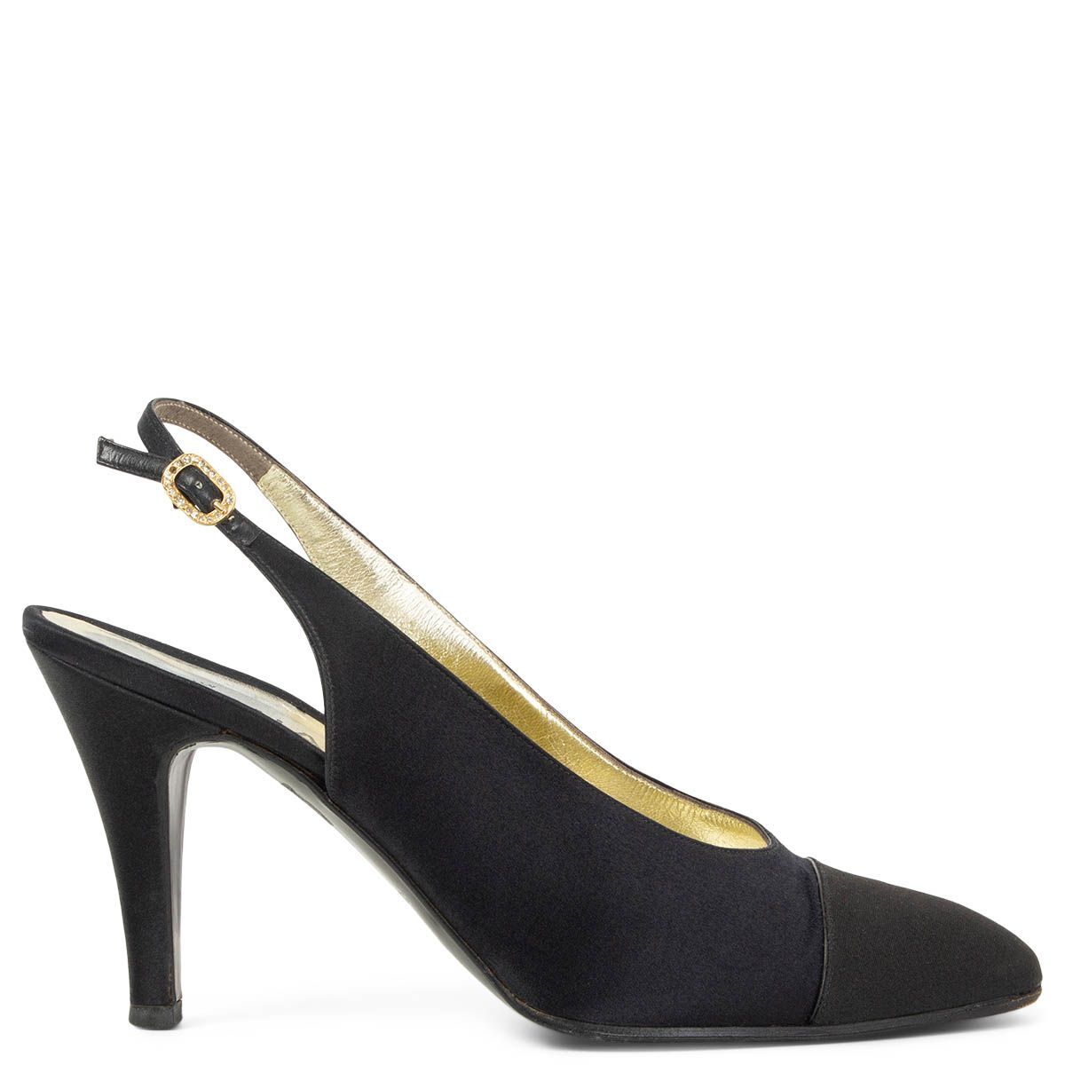 66102 auth CHANEL black SATIN Slingback Pumps Shoes 38 VINTAGE | eBay
