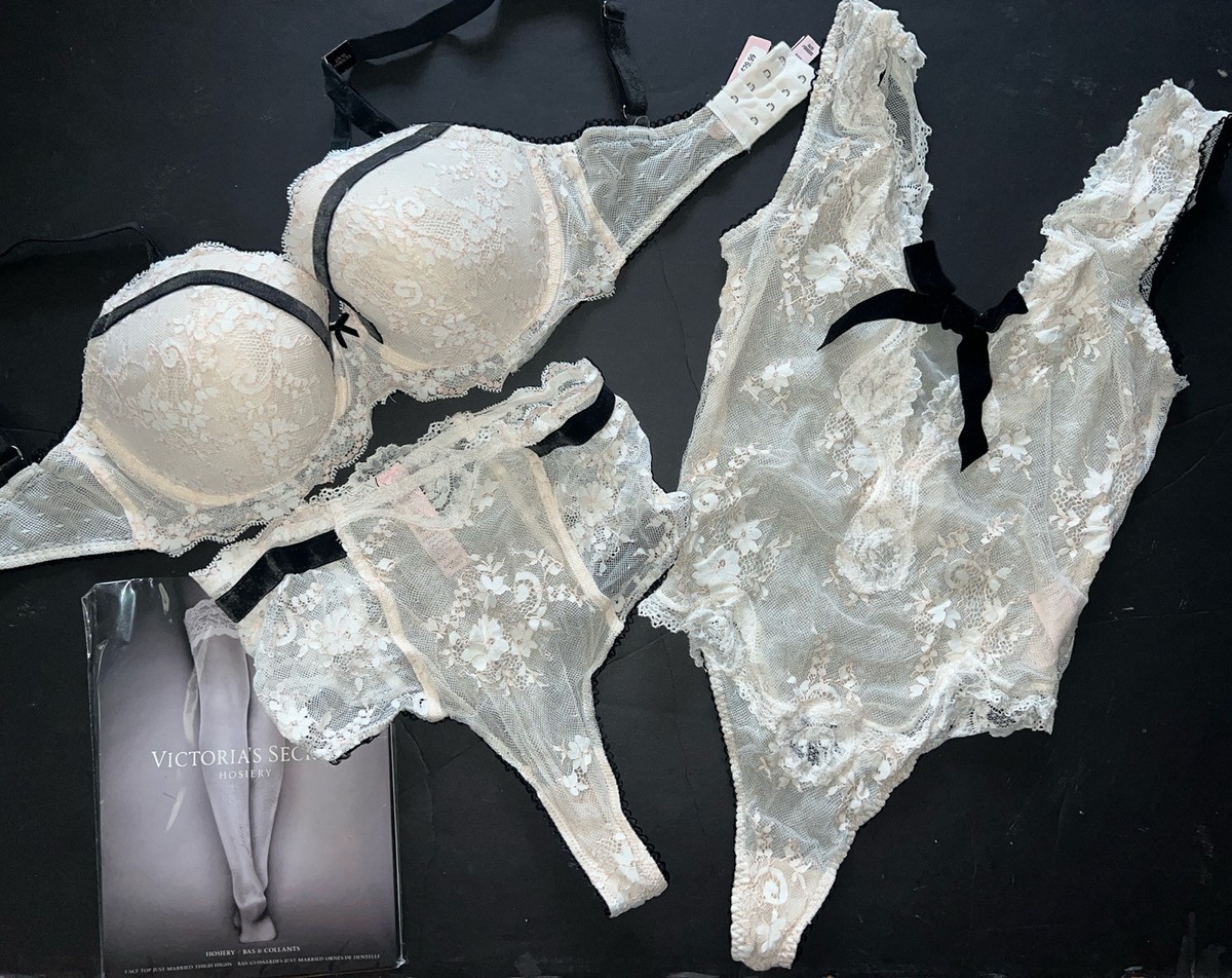 Victoria's Secret 32DDD BRA SET+XS TEDDY one-piece ivory WHITE
