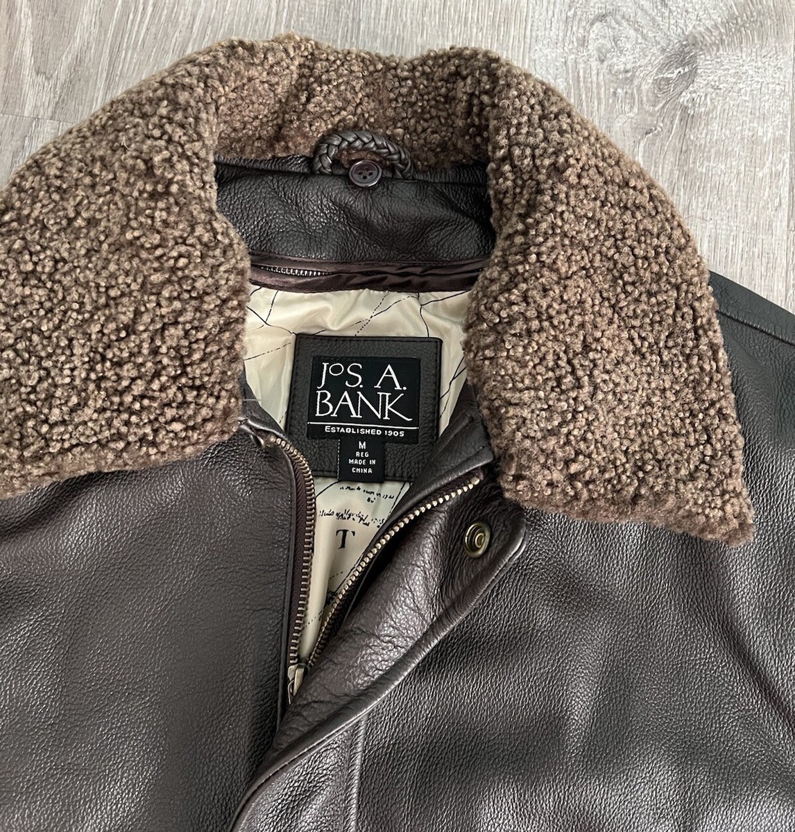 Jos. A. Banks Leather Bomber Jacket Brown Front Zip Lined Collar