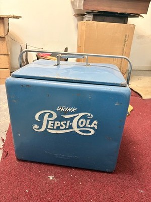 Vintage 1950s Drink Pepsi Cola Blue Metal Ice Cooler chest With