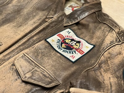 Vintage 90s Disney Victory Mickey Mouse Brown Leather Bomber