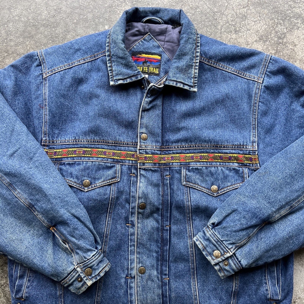 Vintage 90s Santa Fe Trail Zip Up Aztec Print Denim Jacket Mens Sz