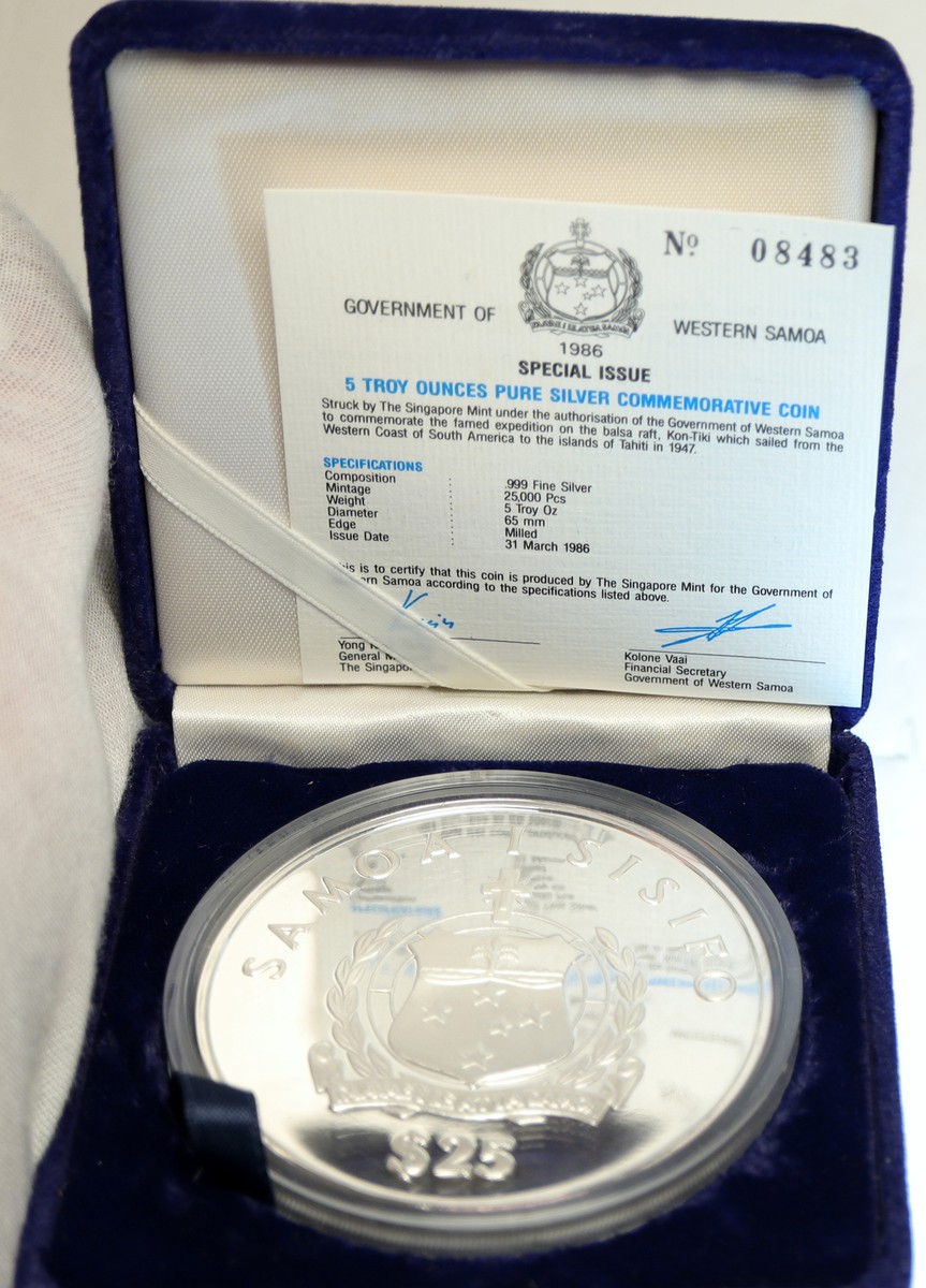 1986 SAMOA UK British KON-TIKI EXPEDITION Vintage Silver $25 5OZ