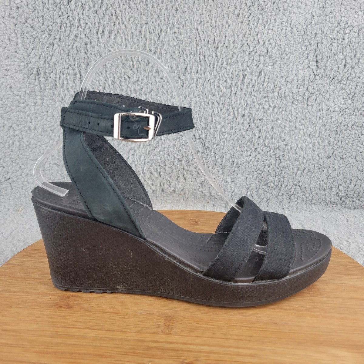 Womens Crocs Leigh II Black Casual Strappy Comfort Wedge Shoes