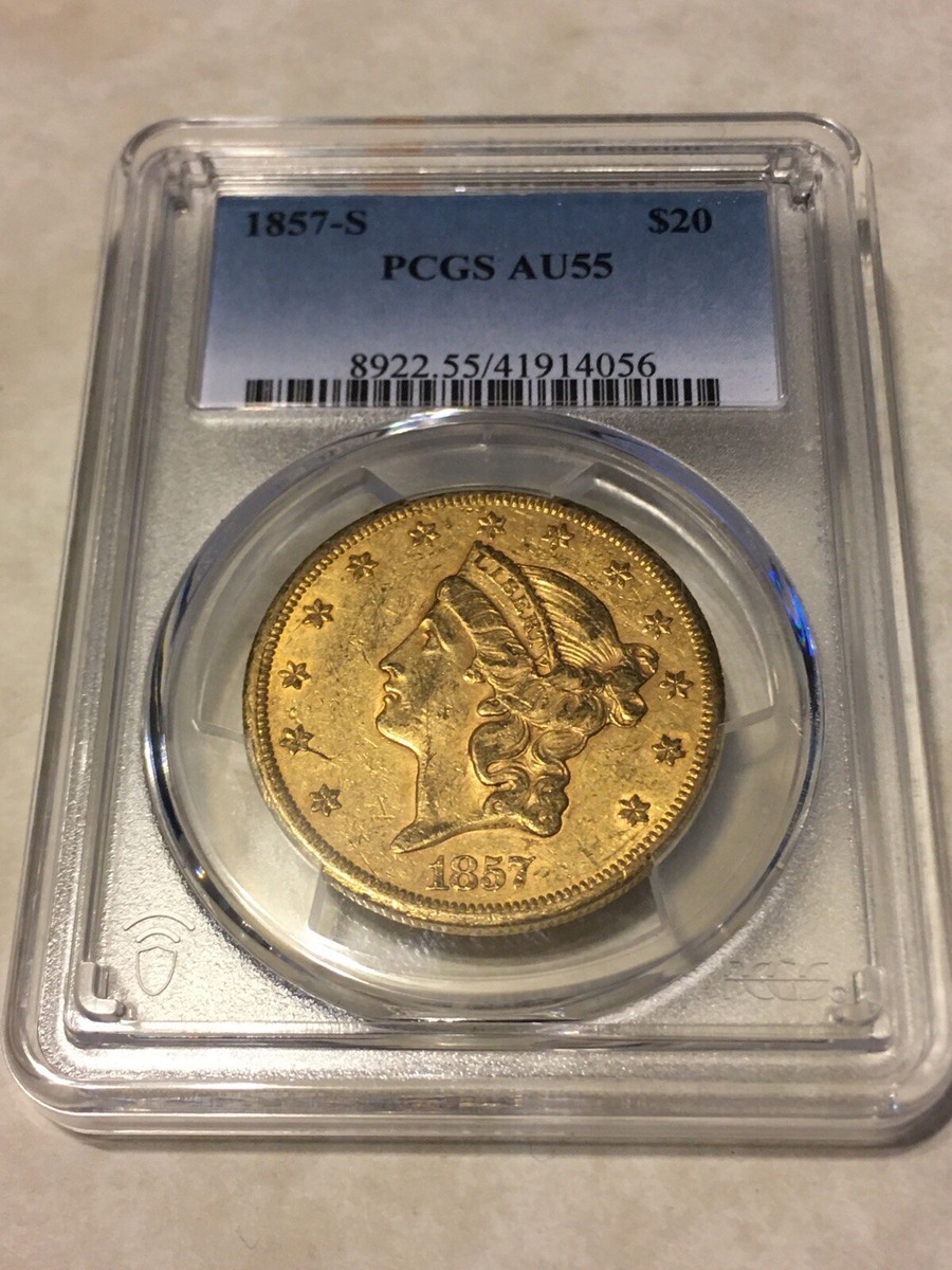 1857-S $20 PCGS AU55 Liberty Double Eagle Gold Coin original skin