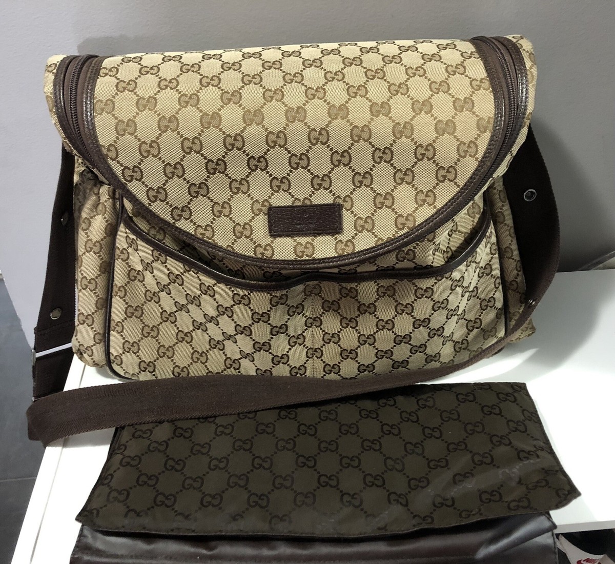 Gucci Diaper Bag Monogram Baby Shoulder Crossbody Canvas Brown GG