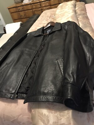 Gap Mens Fine Leather Jacket Black Full Zip Quilted Lining Classic