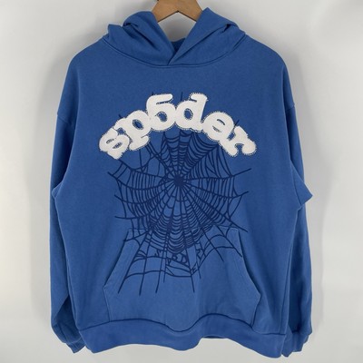 Sp5der Rhinestone Web Hoodie In Blue - Mens Size L - Puff print