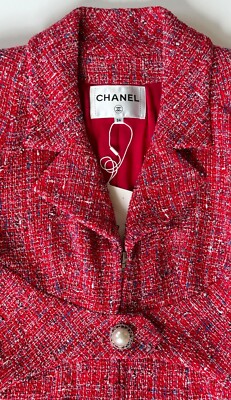 NEW CHANEL 19P RED NAVY BLUE WHITE TWEED PEARL CC BUTTONS JACKET