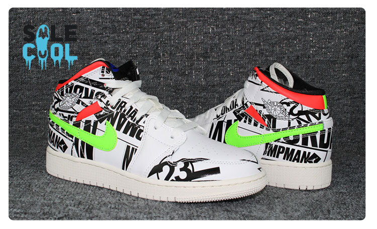 Nike Air Jordan 1 AJ1 Mid GS All Over Logo White Green Shoes