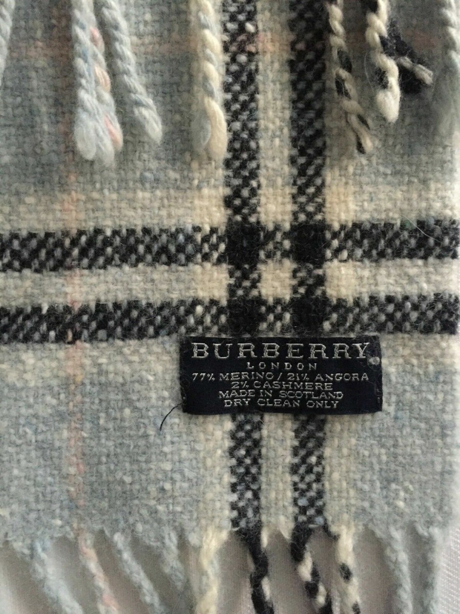 Vintage Burberry Scarf, Blue, Black Tartan Check. Angora, Merino
