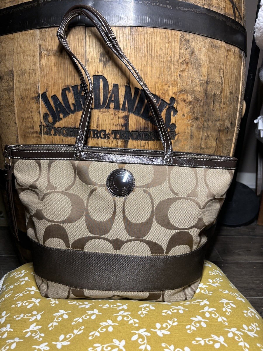 COACH Y2K Signature Canvas W Leather Stripe Tote Bag Purse Brown