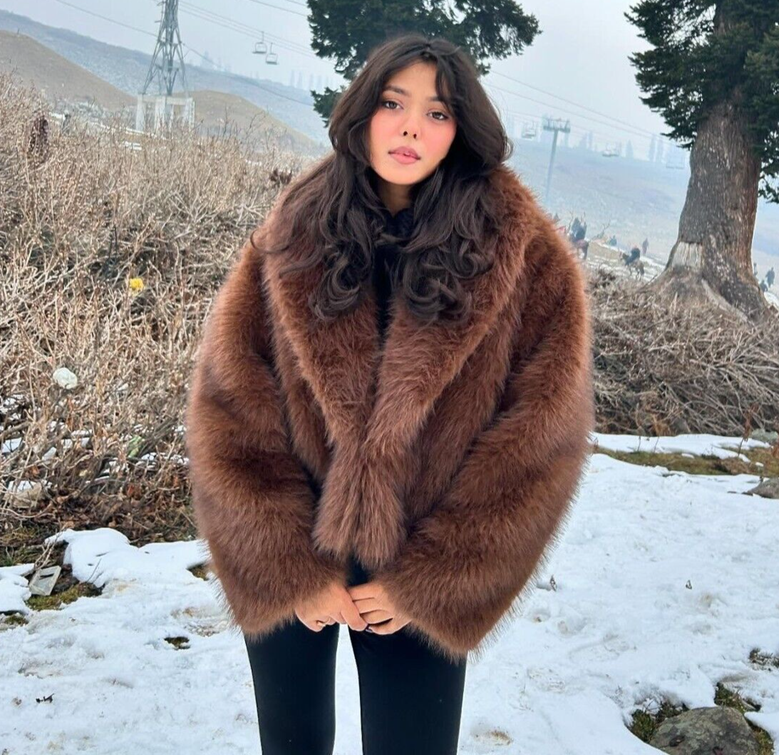 Zara Short Faux Fur Coat Jacket Brown Size XS S L Extra Small