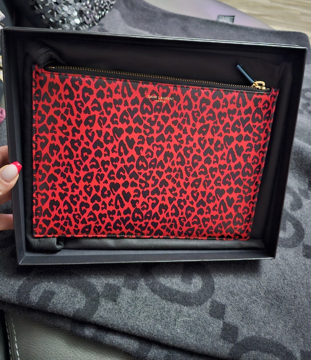 NWT YSL Saint Laurent Rouge Fiesta Calfskin Leather Zip Clutch