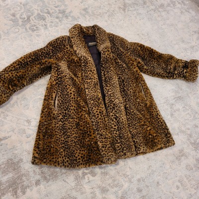 Vintage 80s Monterey Fashions Faux Fur Coat Leopard Brown Black Sz