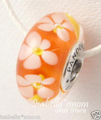 TROPICAL FLOWER Authentic PANDORA Silver/ORANGE Murano Glass Charm