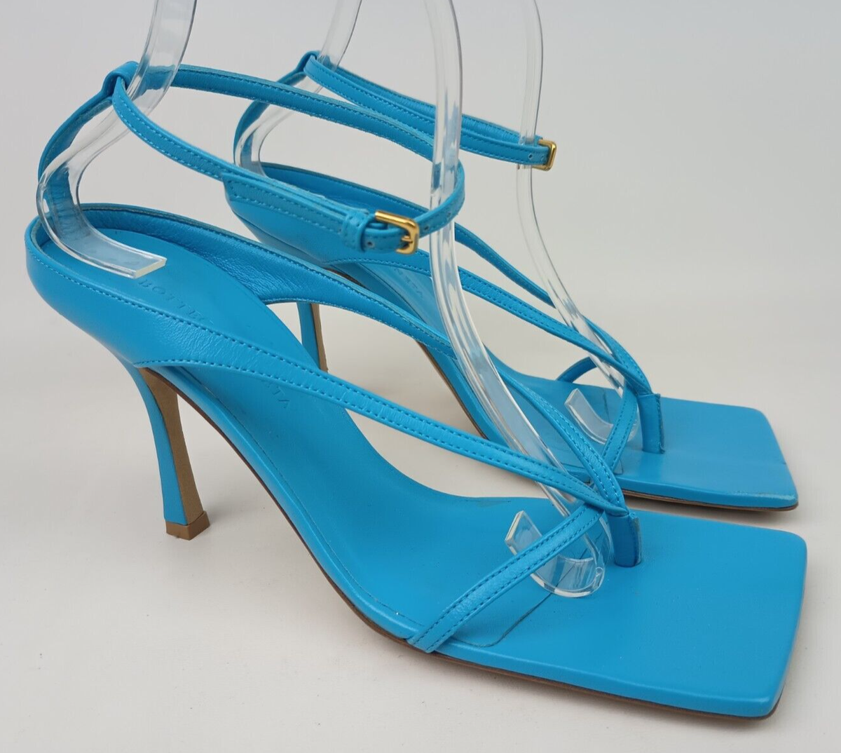 Bottega Veneta Stretch Square Toe Sky Blue Ankle Strap Sandals