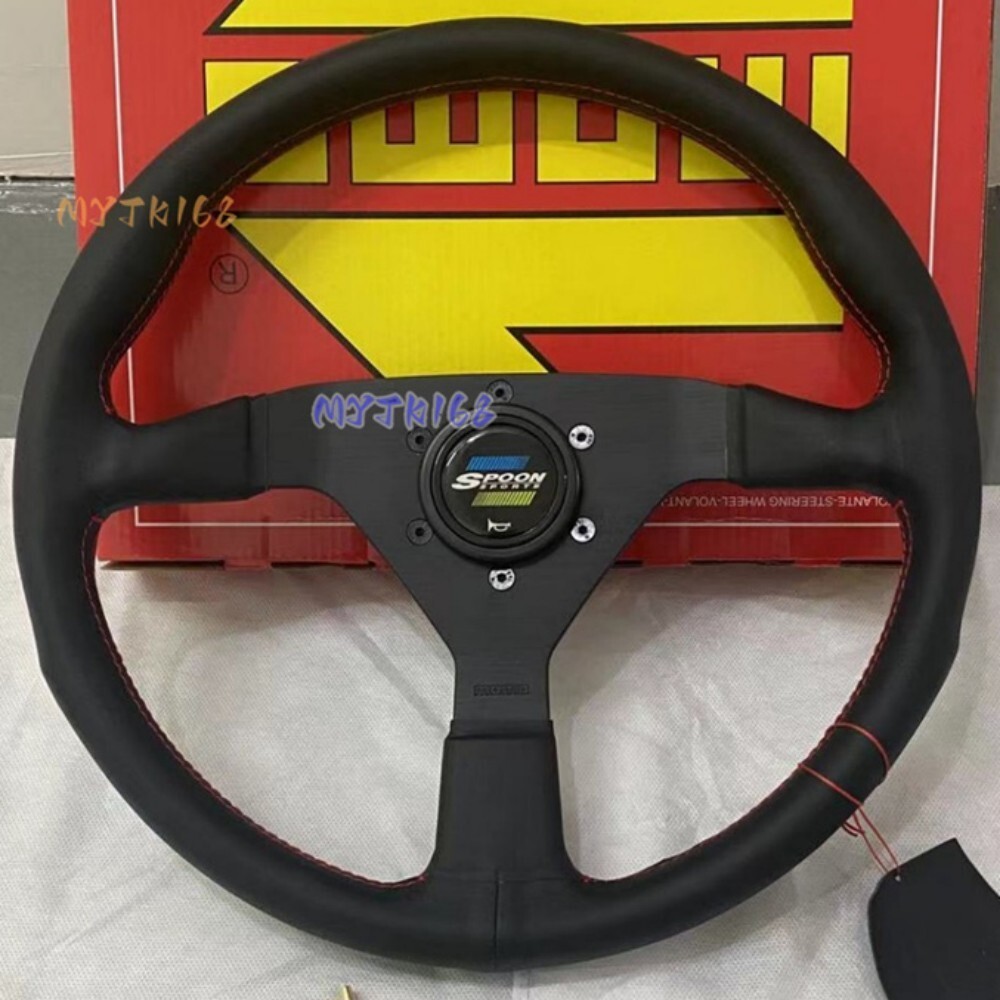 SPOON MoMO 340mm 14' Genuine Leather Spoke Flat bracket Red line