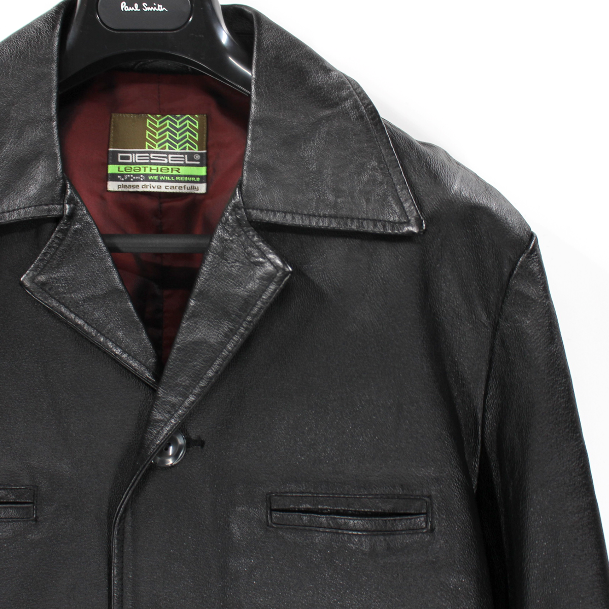 Diesel Leather Black Button Up Collared Overcoat 44 Moto Biker