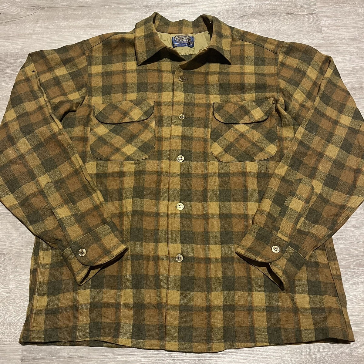 Vintage 60s Pendleton Board Shirt Mens Medium Green/Brown Plaid