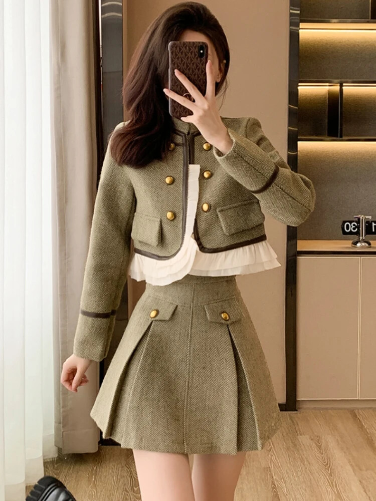 2 Piece Set Women's Stand Tweed Short Jacket Coat + Pleated Mini