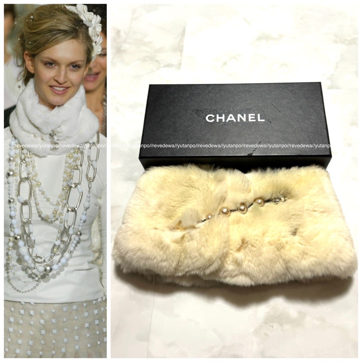 Genuine Runway CHANEL Pearl Rabbit Fur Muffler Scarf White | eBay