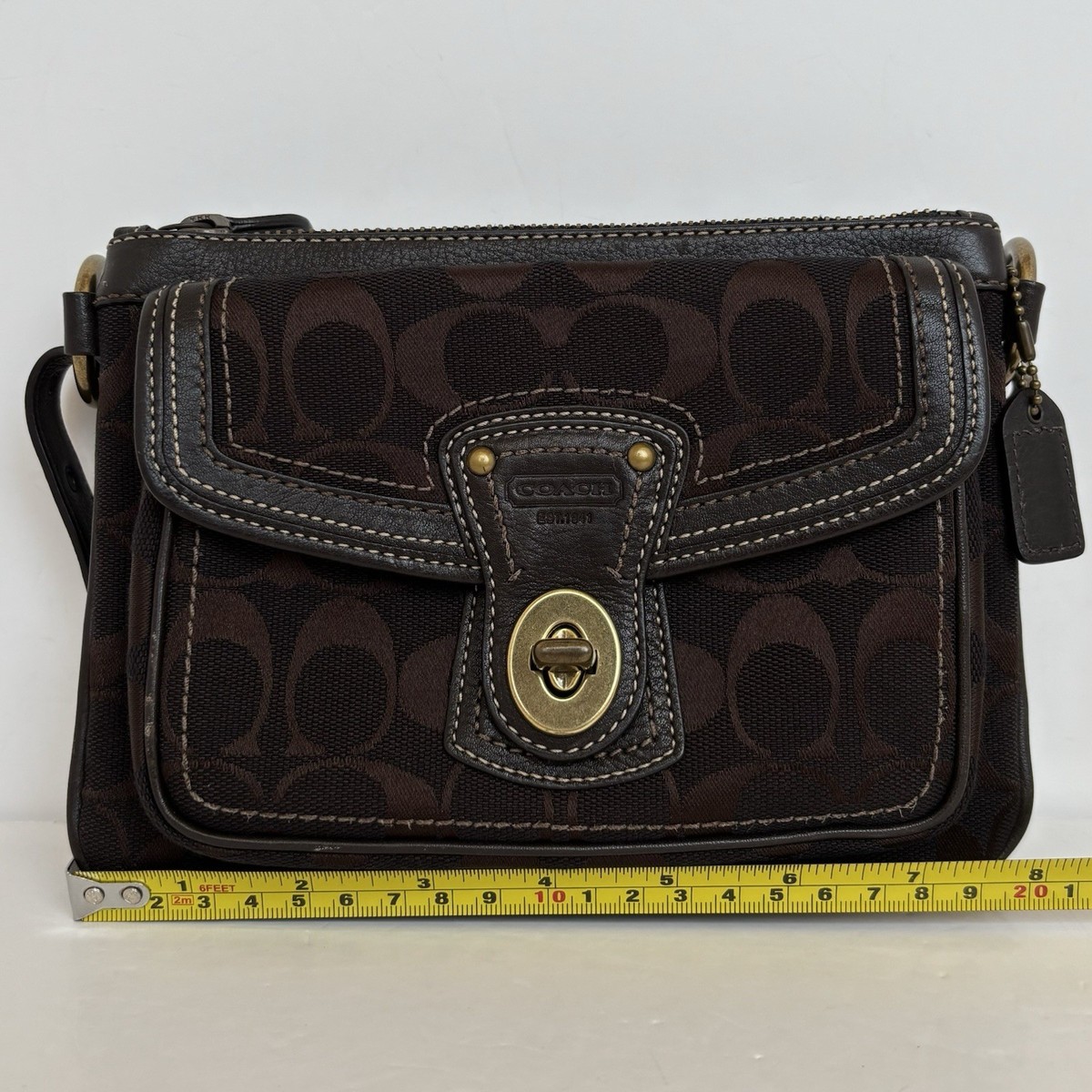 Coach Legacy Brown Signature Canvas Striped Zipper Turn Lock Mini