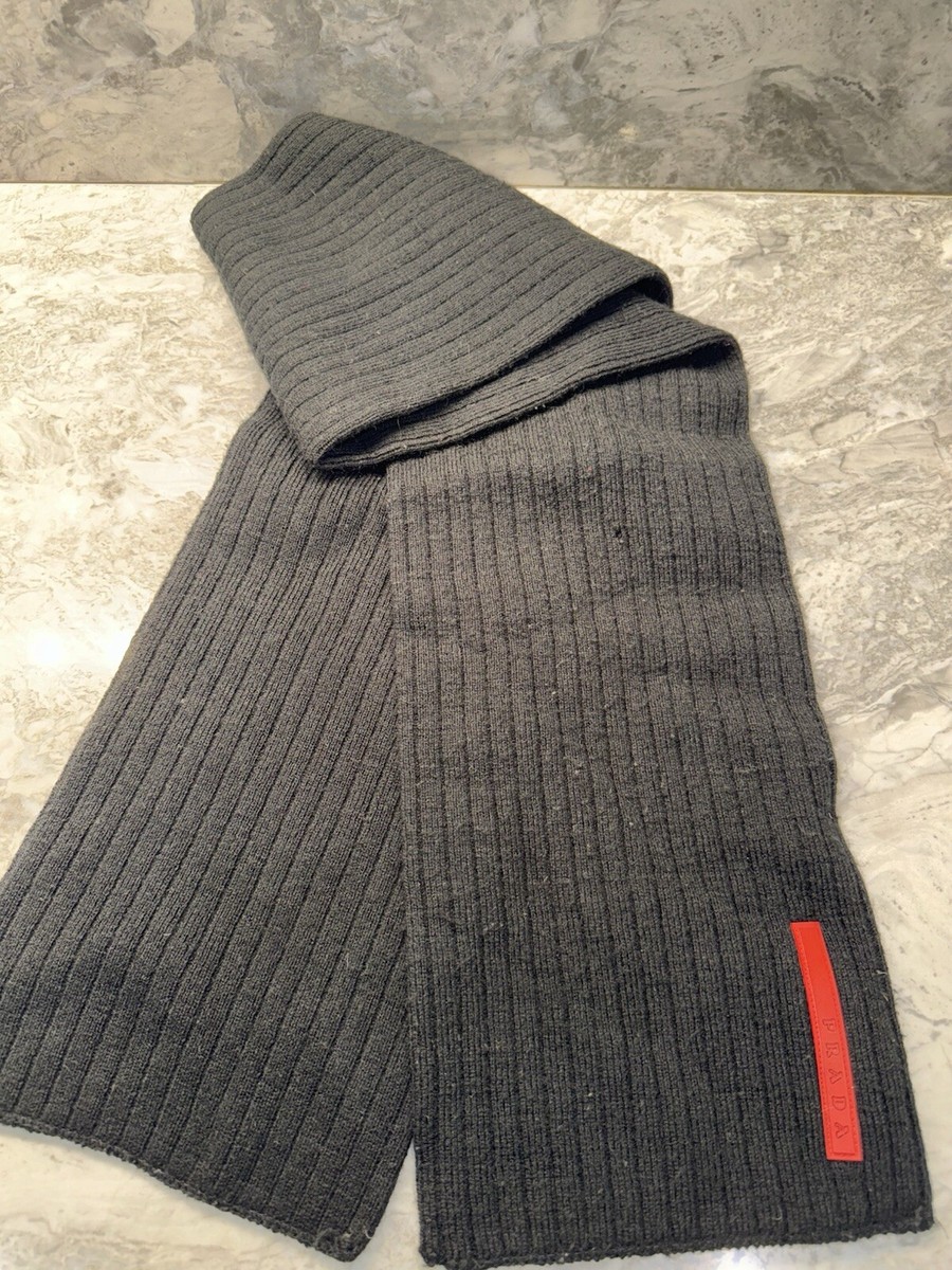 PRADA BLACK RIBBED KNIT SCARF WITH RED/Rubber RETRO LABEL CLASSIC