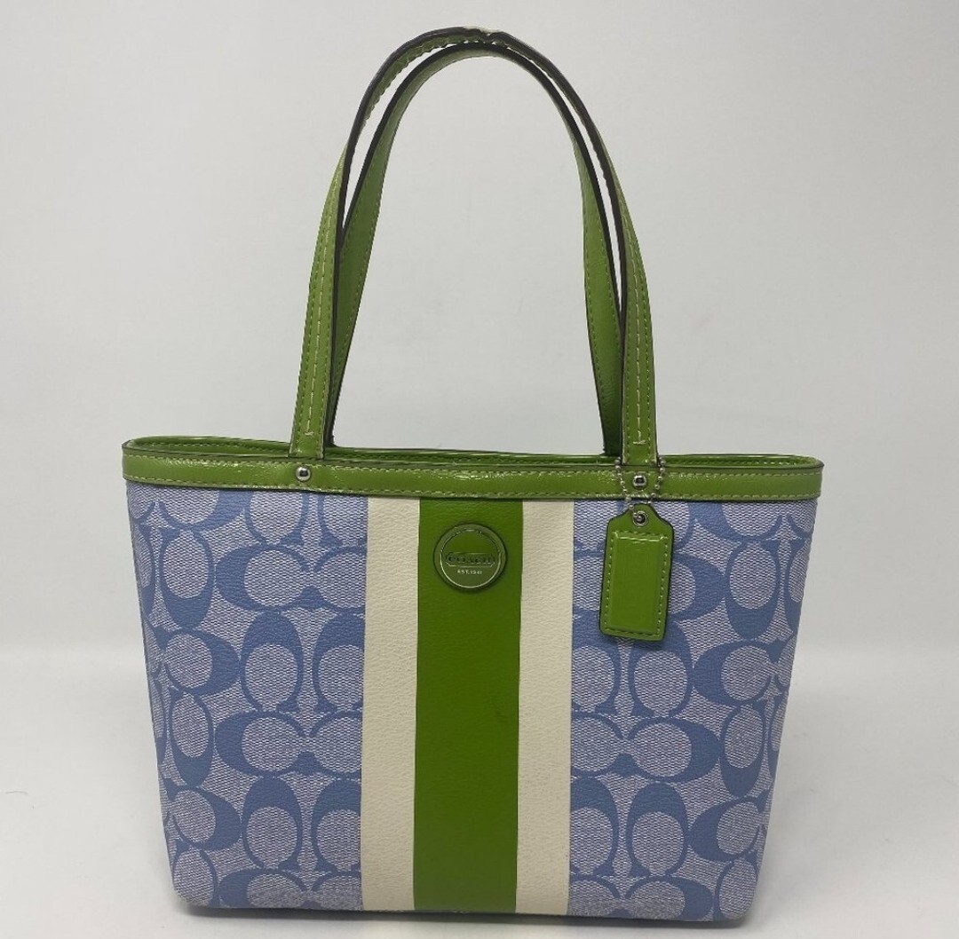 COACH Signature #49096 Blue w/ White Green Stripe Small Hand Tote