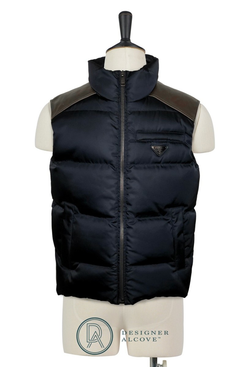 PRADA Men Down Vest Blue Brown Leather Pads Triangle Logo Plate