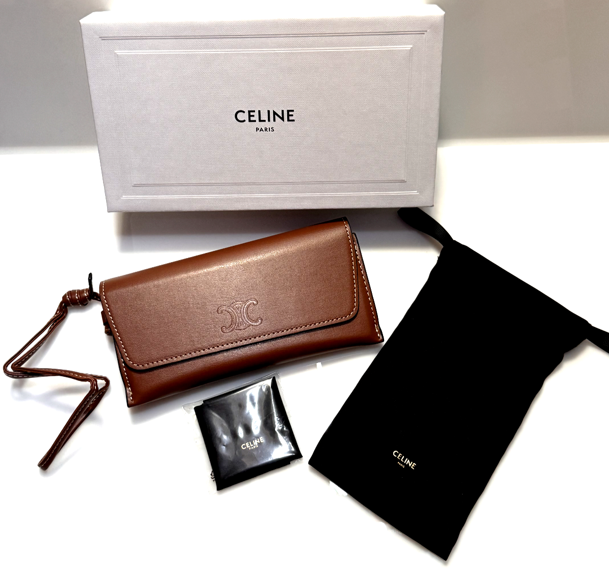 Celine Sunglasses Case Wristlet Brown Leather Logo New In Box 2024