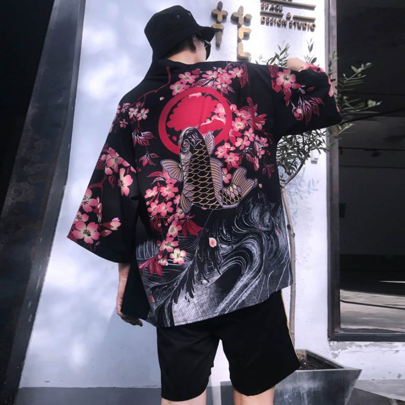 Men Kimono Cardigan Japanese Noragi Jacket Yukata Coat Ukiyoe