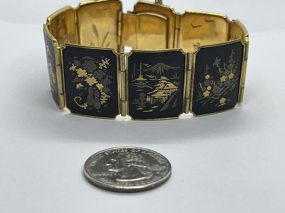 Vintage Japanese Shakudo Damascene Pagoda Asian Scenes Panel