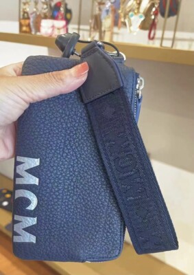 Authentic MCM Luggage Blue Leather Pouch Clutch Bag, Large Zipped