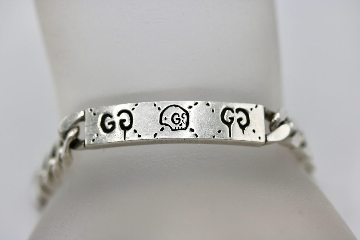Authentic 925 Sterling Silver Men's Gucci Ghost Bar ID Curb Link