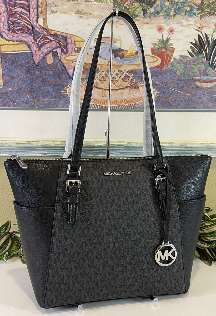 MICHAEL KORS CHARLOTTE MEDIUM LARGE ZIP TOTE SHOULDER BAG BLACK MK