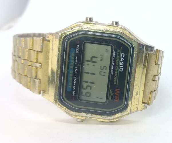 Men Casio Watch 593 A159w Gold Case Steel Bracelet Alarm