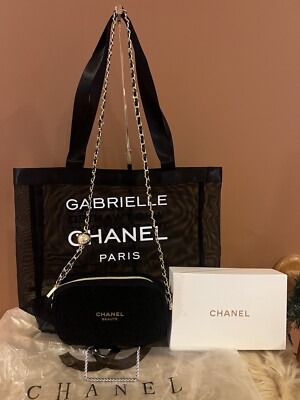 Chanel Novelty GWP Black Mesh Tote Shoulder And Crossbody Pouch