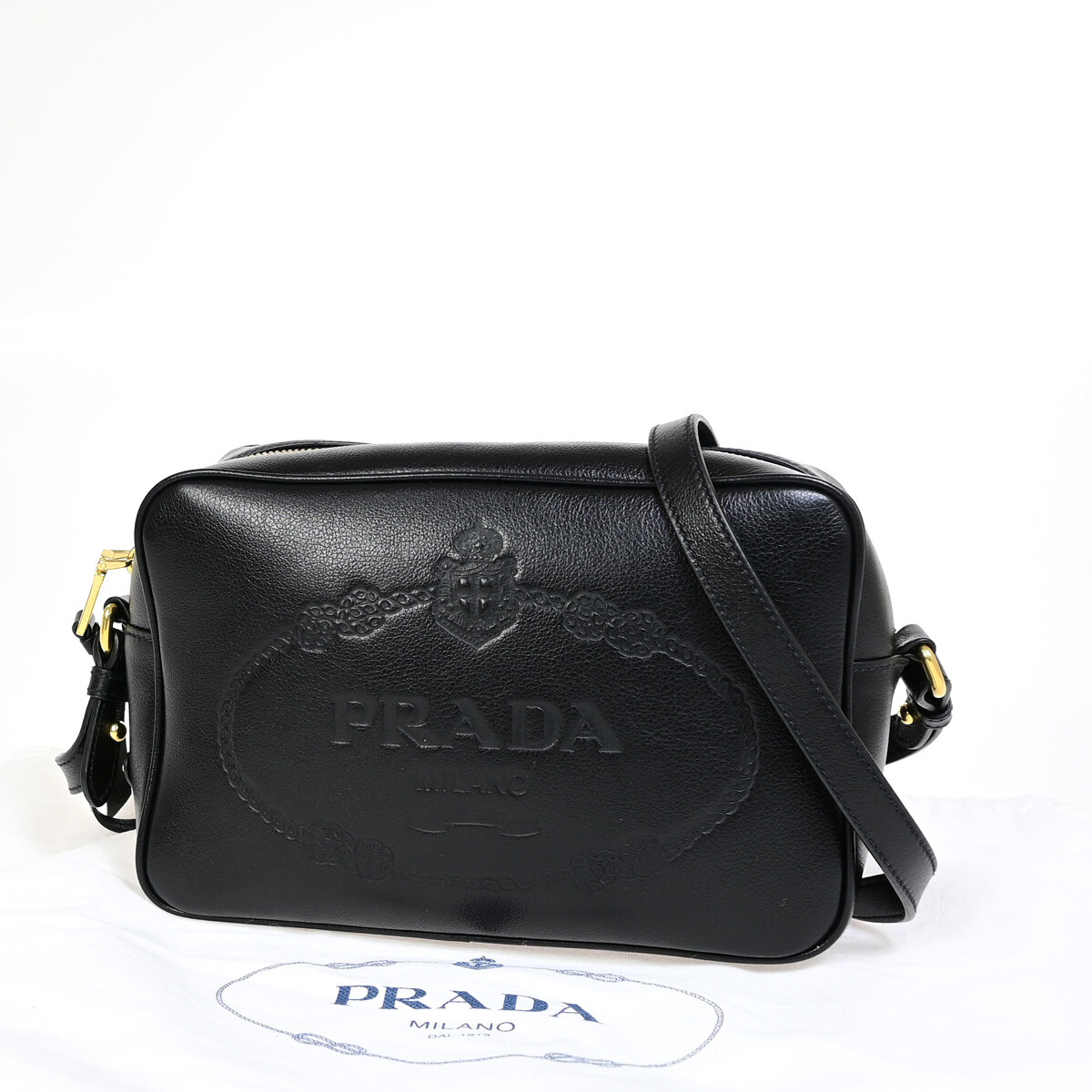 PRADA MILANO Embossed Logo Crossbody Shoulder Bag Leather Black