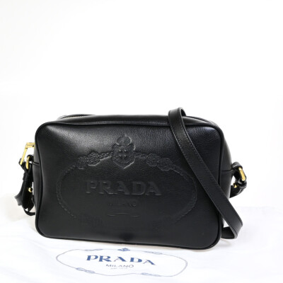 PRADA MILANO Embossed Logo Crossbody Shoulder Bag Leather Black