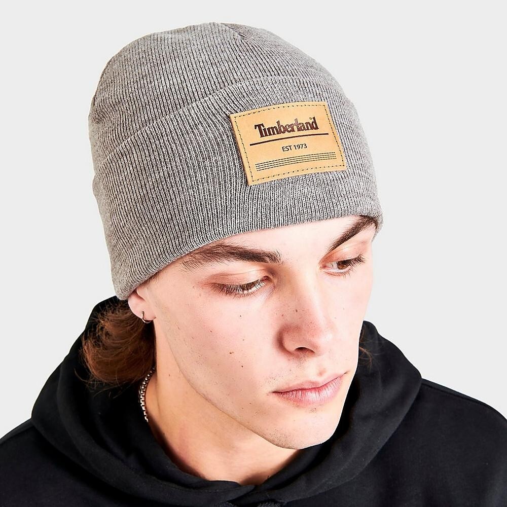 TIMBERLAND 1973 LEATHER PATCH UNISEX SOFT STRETCH FOLD Beanie GRAY