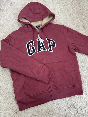 NWT Gap Mens Burgundy Sherpa Lined Full Zip Hoodie Sweatshirt Size