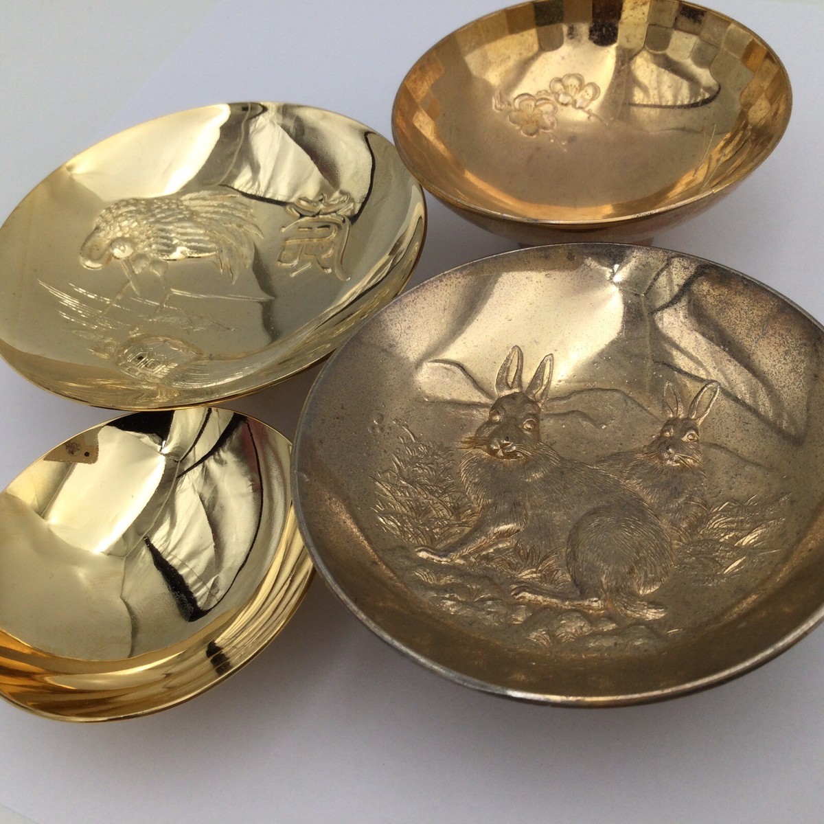 24KGP Sake Cup Rabbit Crane Turtle Sakazuki Vintage Gold Plated