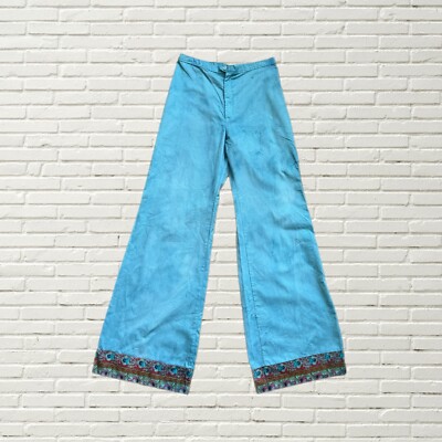Vintage 70s Bell Bottom Pants Blue W Floral Print Trim Hippie | eBay